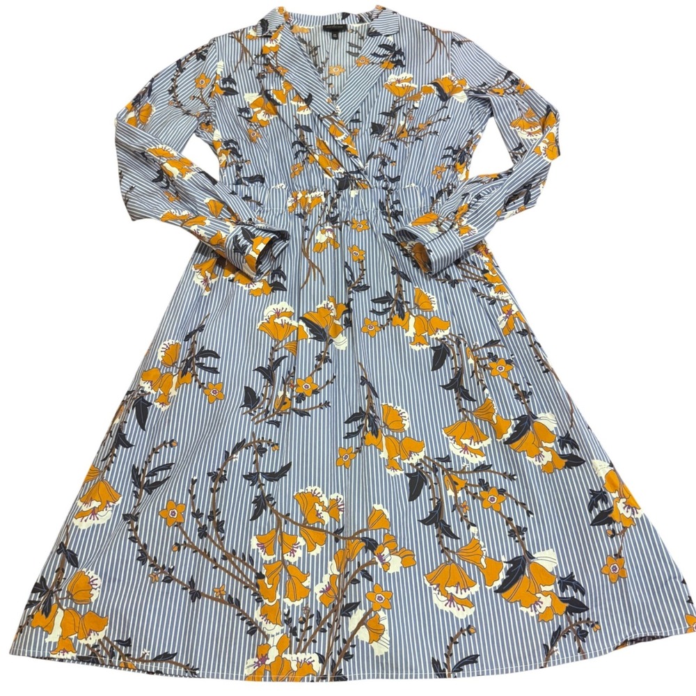 Who What Wear Blue White Striped Floral Cotton Long Sleeve Midi Dress Womens M